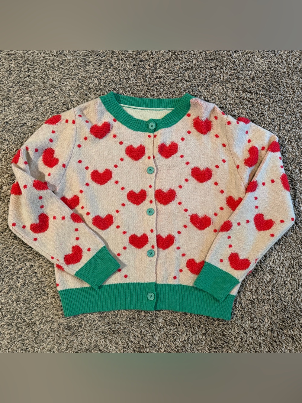 SHEIN Cream Cardigan with Hot Pink Heart Motif and Green Trim